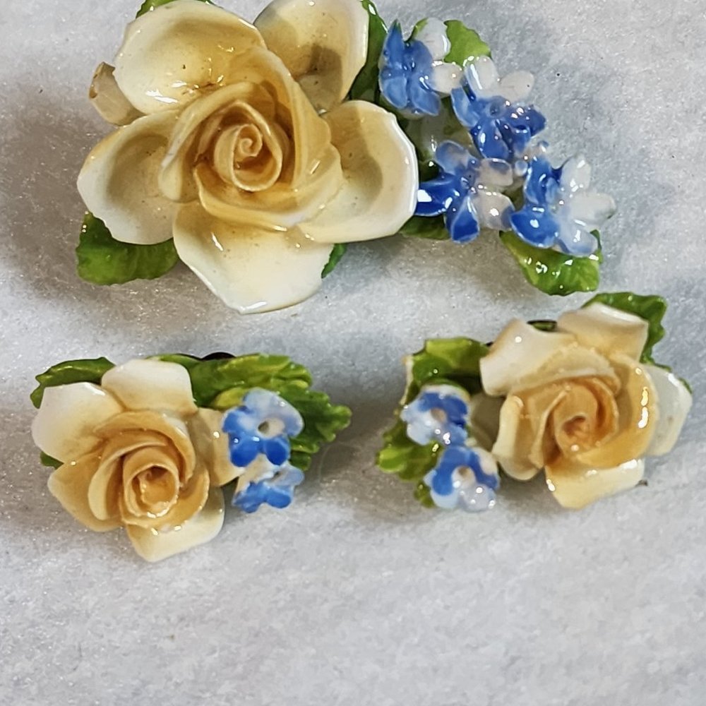 Vintage Artone Bone China Flower Brooch Pin & Screwback Earrings Set England Yel